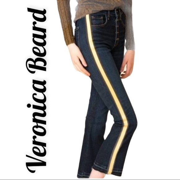 VERONICA BEARD Carolyn 10” Baby Boot Metallic Gold Stripe Jeans, Size 25 - Picture 1 of 15